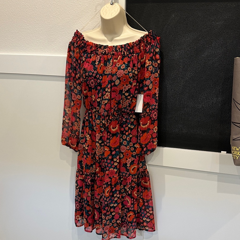 Off the Shoulder Floral Long Sleeve Dress - Red, Pink and Black